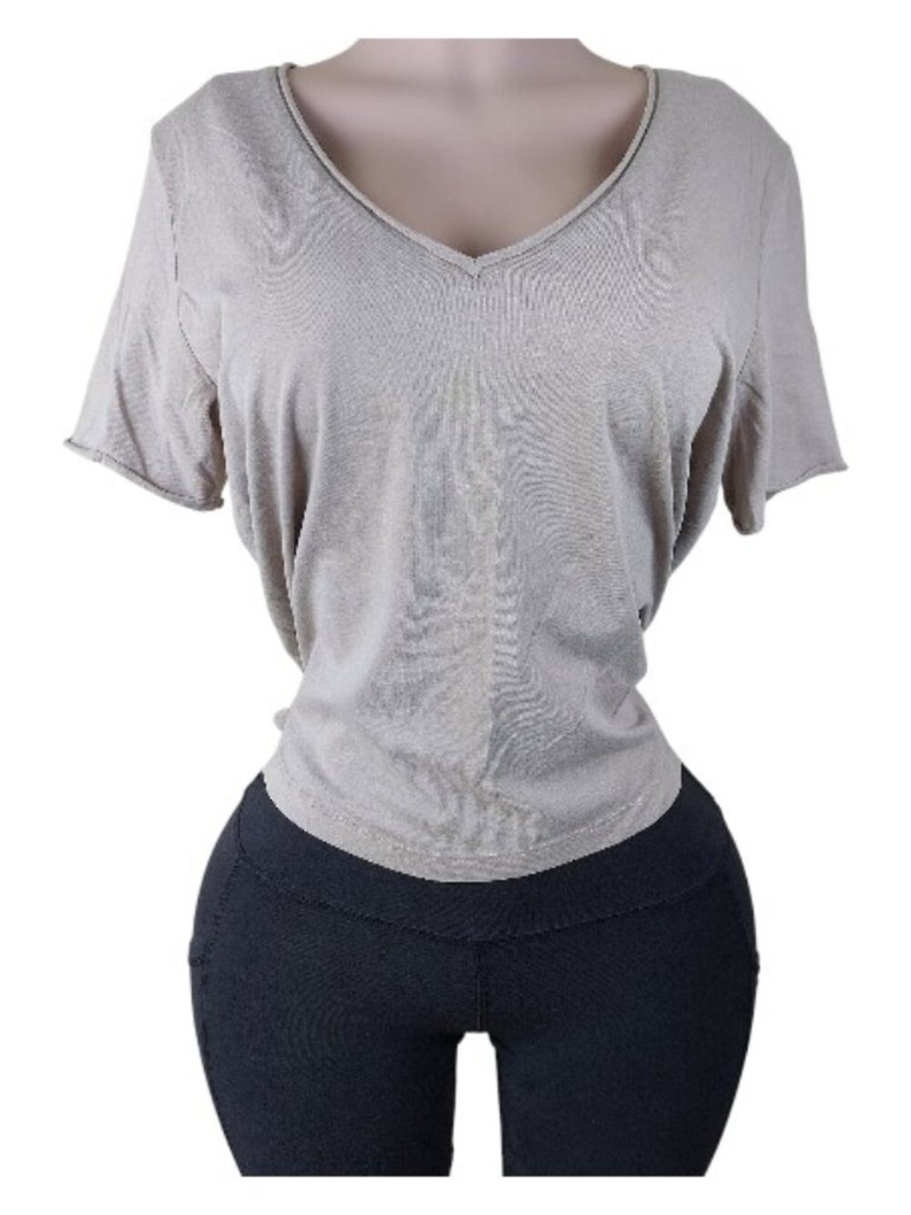 Zara Women's Taupe V-Neck Short Sleeve Slim Fit Casual T-Shirt Size M